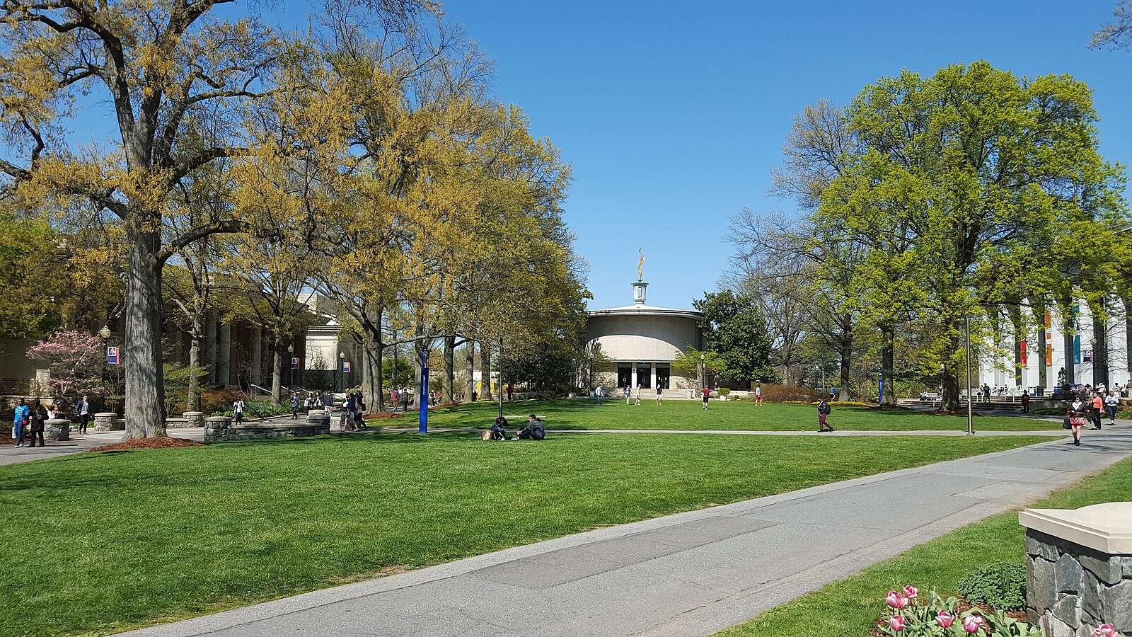 The Kogod School of Business, Kay Spititual Life Center, and School of Public Affairs are featured at American University.