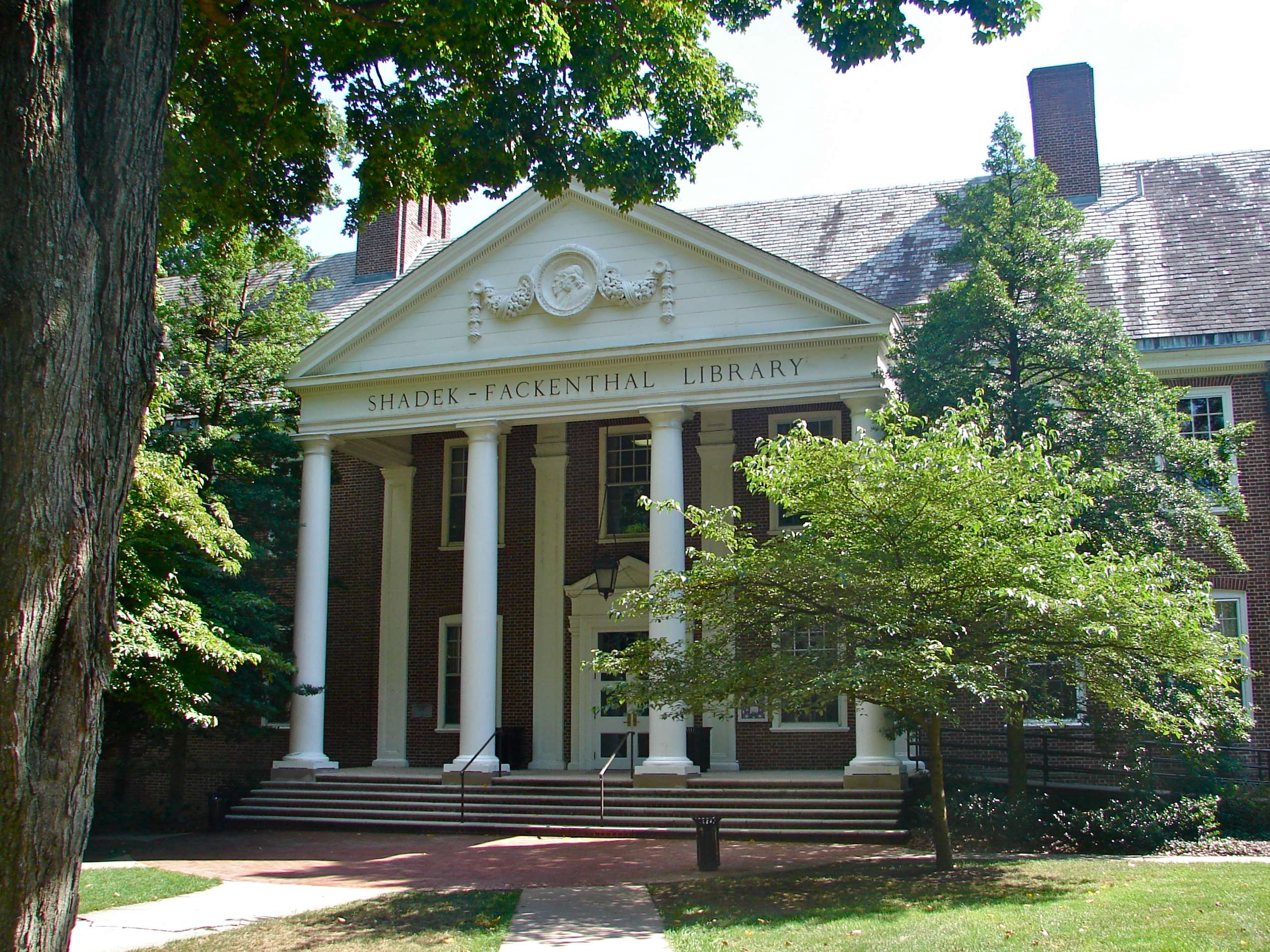 The exterior of Shadek-Fackenthal Library is featured at Franklin & Marshall College.