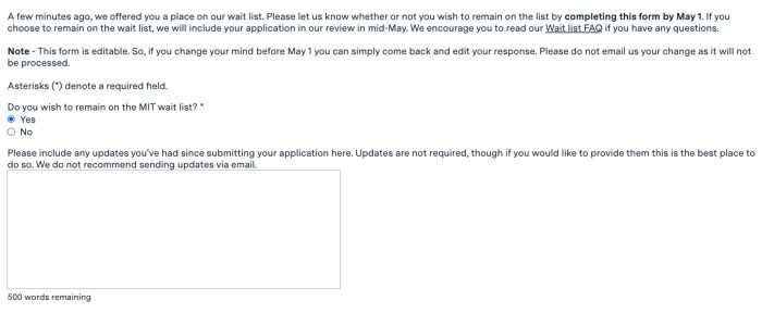 This is the waitlist form for the Massachusetts Institute of Technology. Waitlisted students are asked if they wish to join the waitlist and for a 500-word update.
