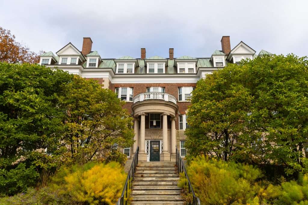 Richardson Hall is featured up a staircase at Dartmouth College.