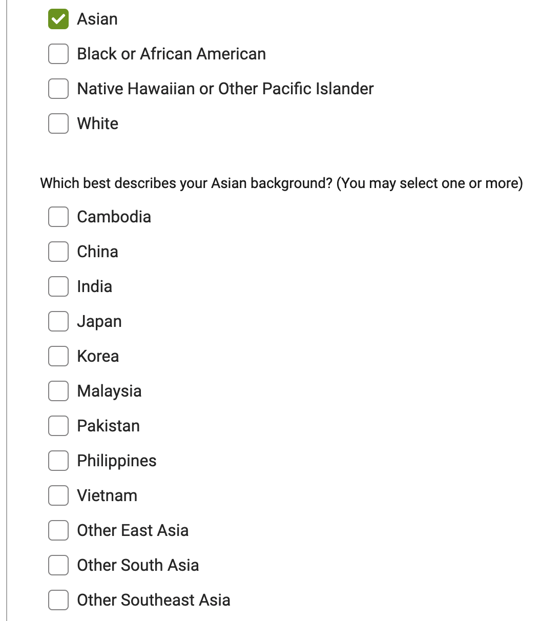 This is a screenshot of a questionnaire probing the reader's ethnicity.